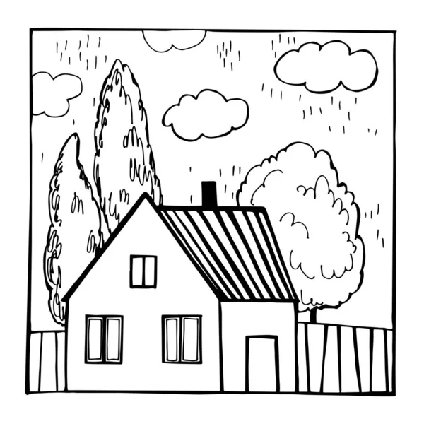 Casa desenhada à mão com árvores. Ilustração vetorial . — Vetor de Stock