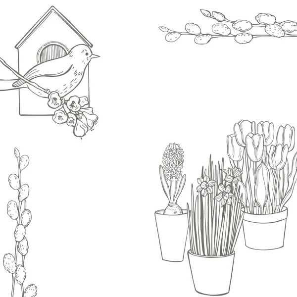 Fondo de primavera vectorial con flores dibujadas a mano y aves . — Vector de stock