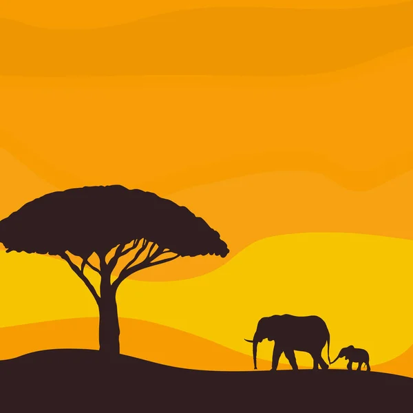 Matahari terbenam di sabana. Gajah afrika dengan bayi gajah. Vec - Stok Vektor