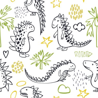 Beyaz arka planda sevimli dinozorlar. Vektörsüz desen.