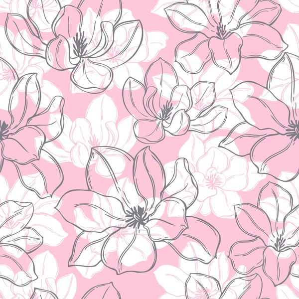 Hand Drawn Magnolia Flowers Vector Seamless Pattern — Stock Vector