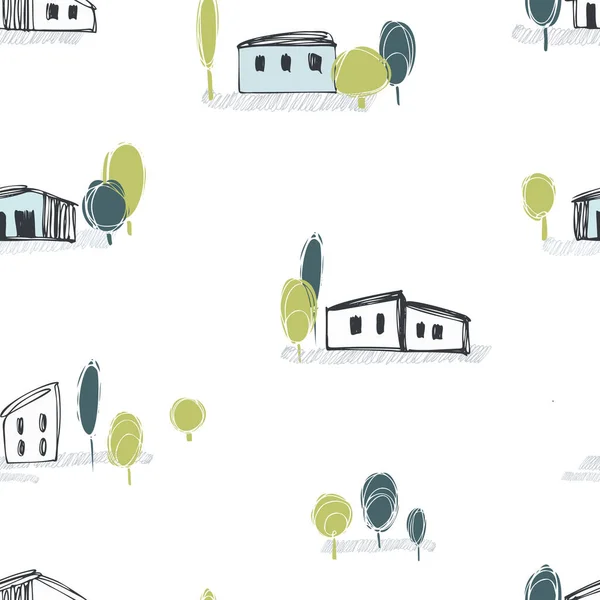 Beyaz Arka Planda Çizimi Evler Ağaçlar Vektörsüz Desen — Stok Vektör