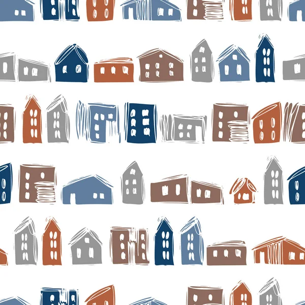 Χειροποίητα Σπίτια Σκίτσο Λευκό Φόντο Διάνυσμα Χωρίς Ραφή Μοτίβο — Διανυσματικό Αρχείο