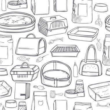 El yapımı kedi malzemeleri. Oyuncaklar, yiyecekler ve hayvan bakım aksesuarları. Vektörsüz desen.