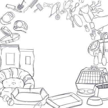 El yapımı köpek malzemeleri seti. Oyuncaklar, yiyecekler ve hayvan bakım aksesuarları. Vektör arkaplanı. Çizim çizimi.