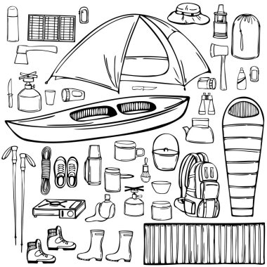 El yapımı kamp malzemeleri. Hayatta kalan eşyalarla dolu bir seyahat çantası ve kamp için diğer malzemeler. Vektör çizimi çizimi.