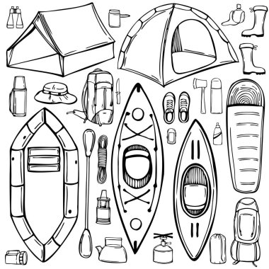 El yapımı kamp malzemeleri. Kamp çadırları ve tekneler. Vektör çizimi çizimi.