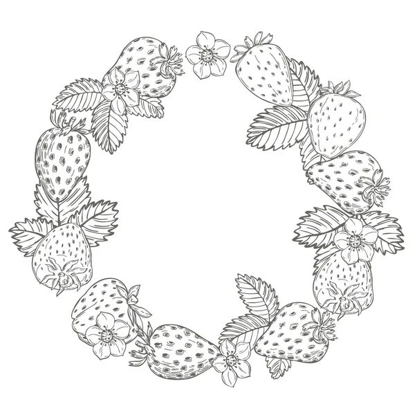 Baies Fleurs Fraises Dessinées Main Cercle Sur Fond Blanc Illustration — Image vectorielle