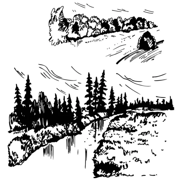 Handgetekende Landschappen Met Een Rivier Vector Schets Illustratie — Stockvector