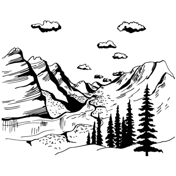 Paisaje Dibujado Mano Con Montañas Dibujo Vectorial Ilustración — Vector de stock