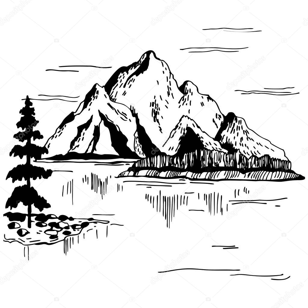 Hand drawn  landscape with mountains. Vector sketch  illustration.
