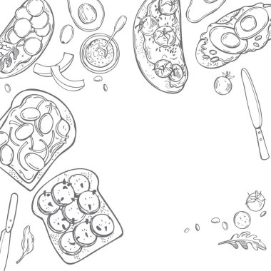 Beyaz arka planda el yapımı tostlar. Vektör arkaplanı. Çizim çizimi