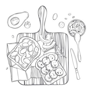 Tahta kesme tahtasına elle çizilmiş tostlar. Vektör çizimi çizimi