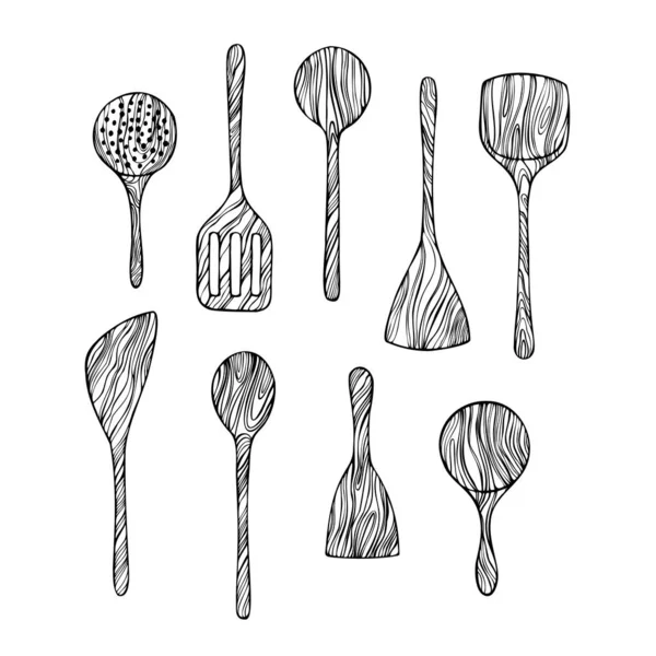 Herramientas Cocina Madera Dibujadas Mano Dibujo Vectorial Ilustración — Archivo Imágenes Vectoriales