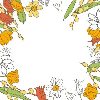 El çizimi bahar çiçekleri. Vektör arkaplanı. Çizim çizimi.