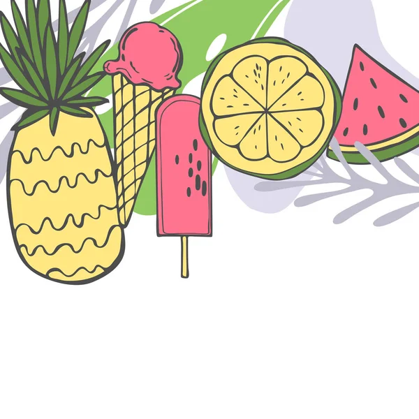 Comida Verano Frutas Dibujadas Mano Helado Dibujo Vectorial Ilustración — Vector de stock