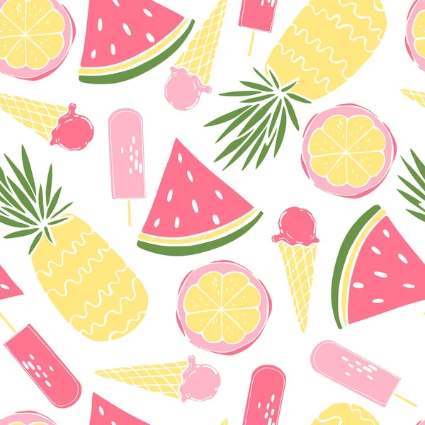 夏の食べ物 果物やアイスクリームを手描き ベクトルシームレスパターン — ストックベクタ