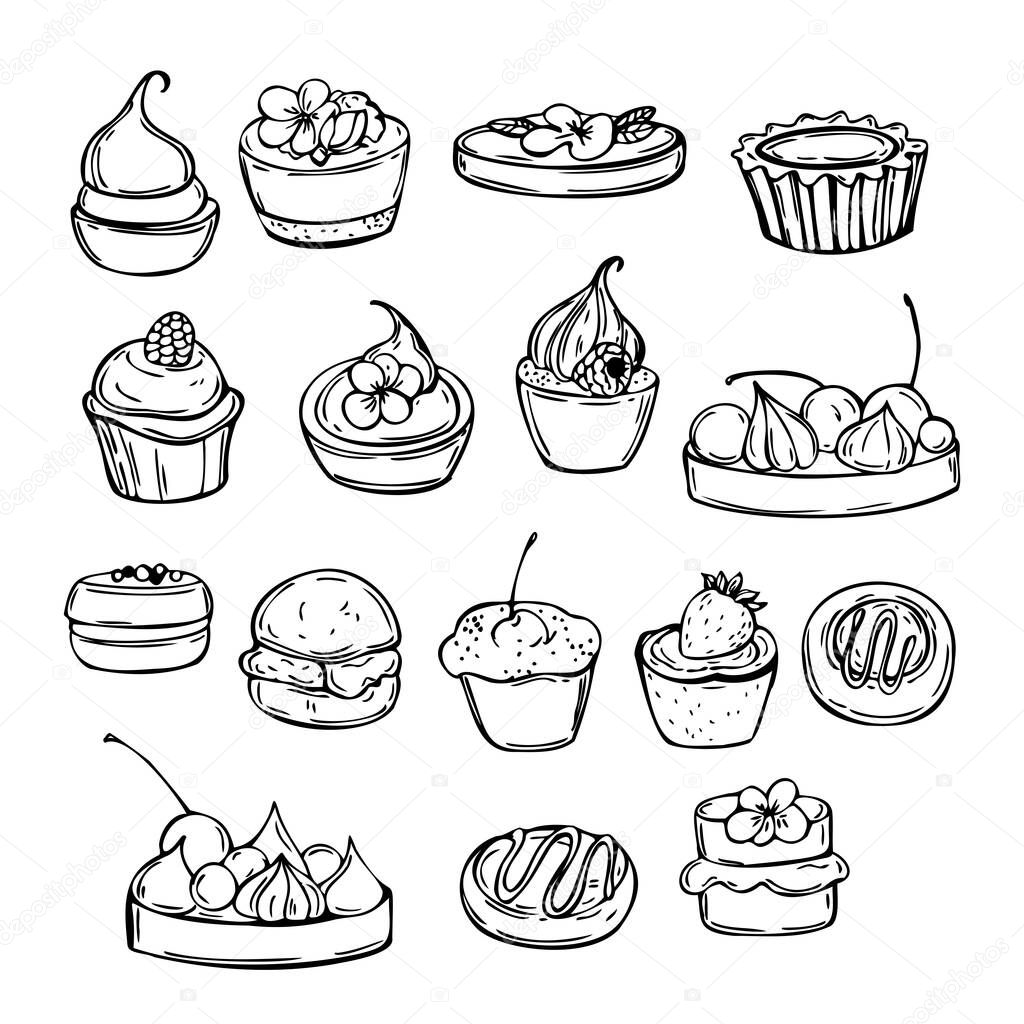 Bakery products. Cakes. Vector sketch  illustration.