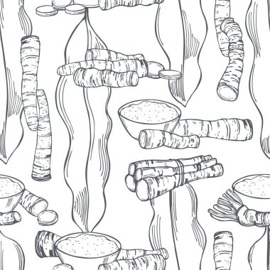 El yapımı yabanturpu, kök ve yapraklar. Vektörsüz desen.