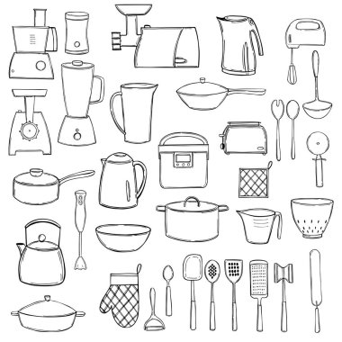 Elle çizilmiş mutfak gereçleri ve mutfak aletleri. Vektör çizimi.