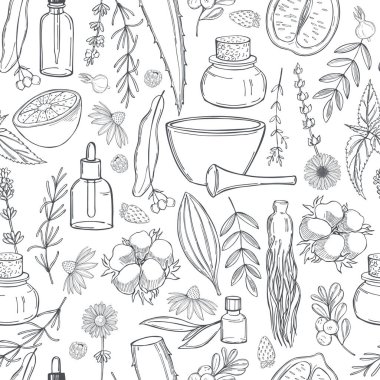 Aromaterapi. Aroma lambası ve gerekli yağlar. Vektörsüz desen