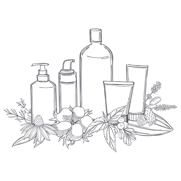 Hand Drawn Cosmetic Bottles Plants Natural Cosmetics Organic Cosmetics Background — Stock Vector