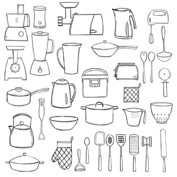 手绘厨房用具及炊具 病媒示意图 — 图库矢量图片
