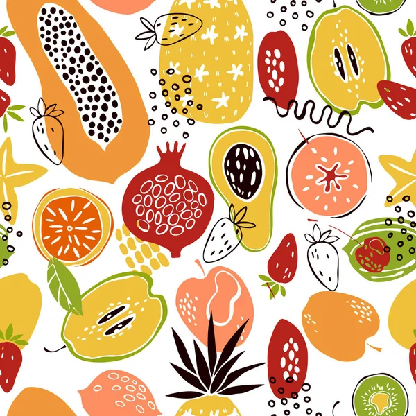 白地に果物を手描き ベクトルシームレスパターン — ストックベクタ