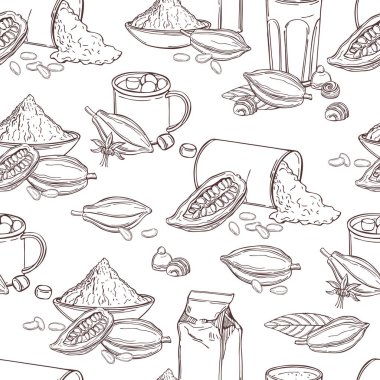 Kakao tozu ve kakao içecekleri. Vektörsüz desen