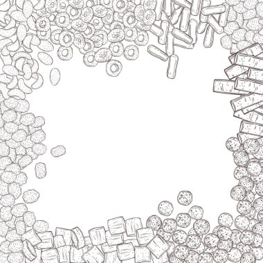 Çeşitli mısır gevrekleri, hızlı kahvaltı. Vektör arkaplanı. El çizimi çizimi çizimi