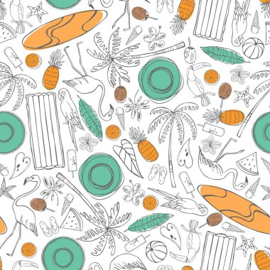 Tropiklerde plaj tatili. Suda yüzmek için gerekli eşyalar. Vektörsüz desen.