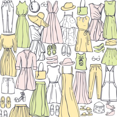 Yaz modası. El çizimi kadın kıyafetleri ve ayakkabıları. Vektör arkaplanı. Çizim çizimi.