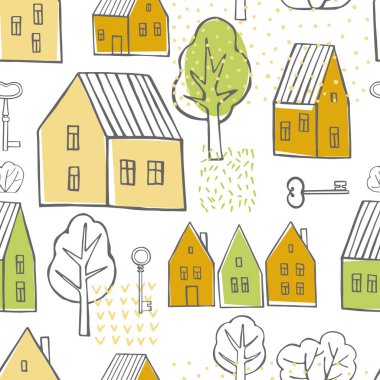 El çizimi şirin evler. Vektörsüz desen.