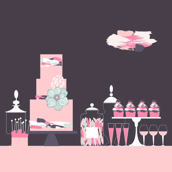 ケーキとカップケーキ付きのキャンディーバー ブラシストロークでウェディングケーキ デザートテーブル ベクターイラスト — ストックベクタ