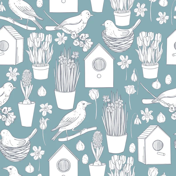 Modèle Printemps Vectoriel Avec Des Oiseaux Des Fleurs Printemps Illustration — Image vectorielle