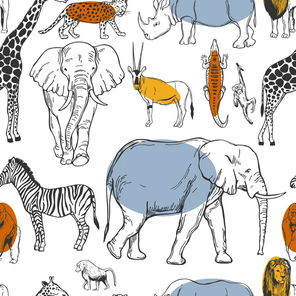 Animais Africanos Desenhados Mão Pássaros Fundo Branco Padrão Sem Costura — Vetor de Stock