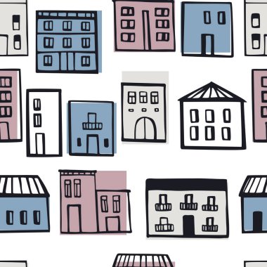 El çizimi şirin evler. Vektörsüz desen.