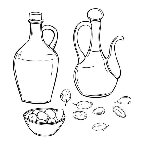 Handgetekende Glazen Flessen Met Olijfolie Vector Schets Illustratie — Stockvector