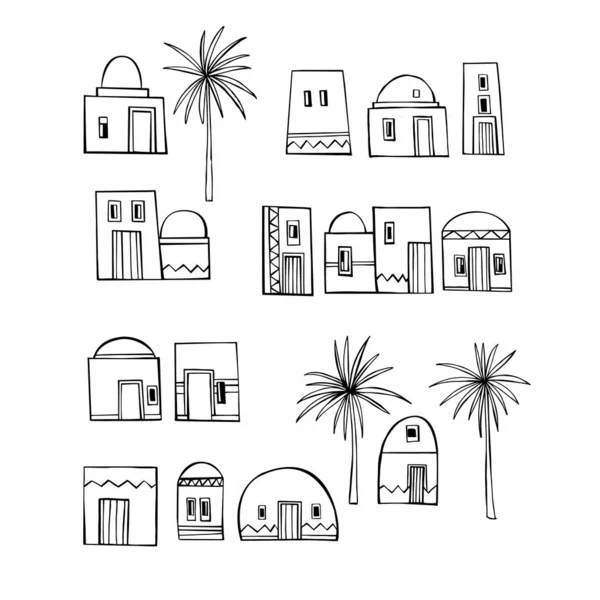 Casas Pequenas Desenhadas Mão Palmeiras Desenho Vetorial Ilustração —  Vetores de Stock