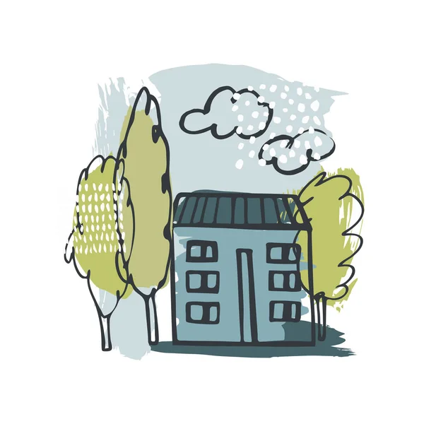 Casa Dibujada Mano Con Árbol Dibujo Vectorial Ilustración — Vector de stock