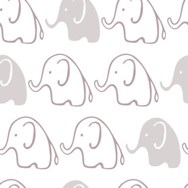 Beyaz arkaplanda el çizimi filler olan kusursuz vektör deseni