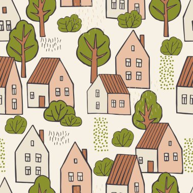 Elle çizilmiş şirin evler ve ağaçlar. Vektörsüz desen.