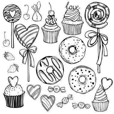 Sevgililer Günü için el çizimi tatlılar ve pastalar. Vektör çizimi çizimi.