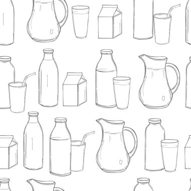 Süt seti. Sütlü el yapımı cam şişeler. Vektörsüz desen.