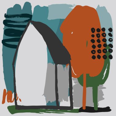 El çizimi evler ve ağaçlar. Vektör illüstrasyonu.