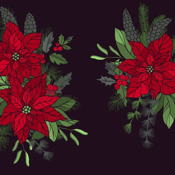 Sfondo Vettoriale Con Poinsettie Rosse Disegnate Mano Piante Natalizie Illustrazione — Vettoriale Stock