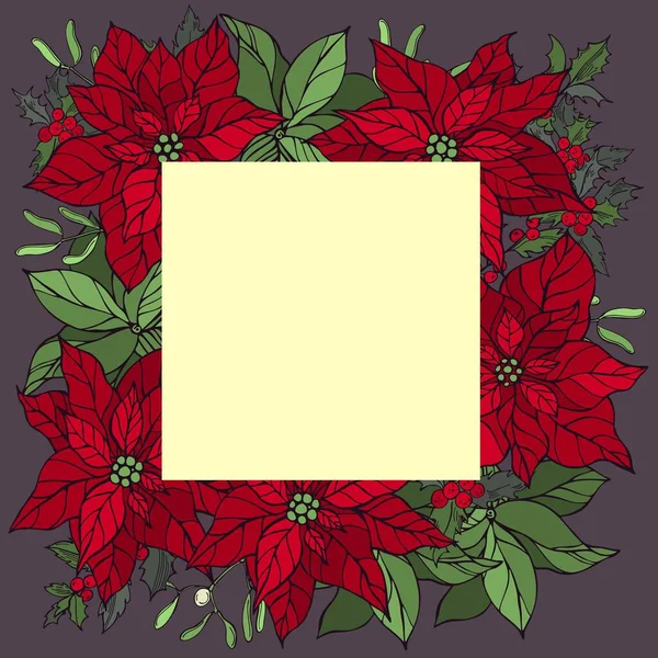 赤い点セットとクリスマスの植物とベクトルフレーム 手描きイラスト — ストックベクタ