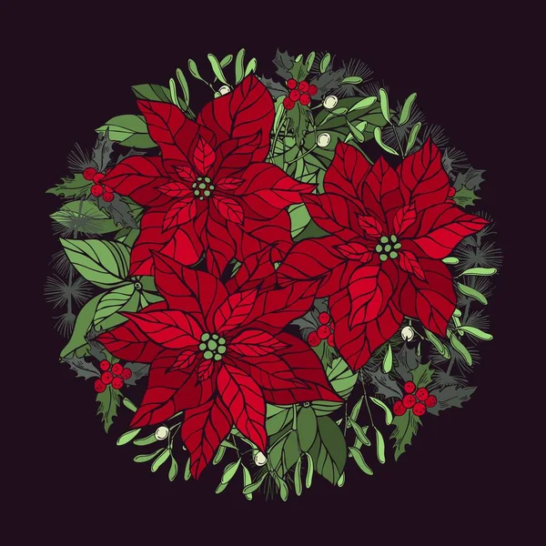 Pinsettias Rojas Dibujadas Mano Plantas Navidad Círculo Ilustración Del Boceto — Vector de stock