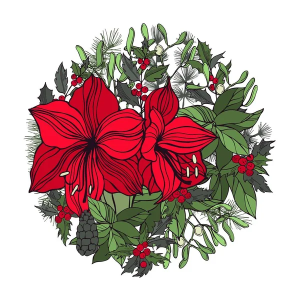 Ręcznie Rysowane Czerwone Amaryllis Rośliny Świąteczne Kole Ilustracja Szkicu — Wektor stockowy