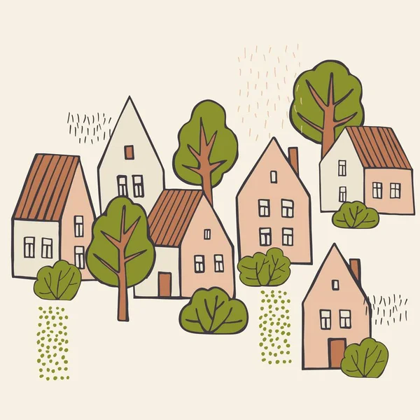Casas Árboles Dibujados Mano Dibujo Vectorial Ilustración — Vector de stock